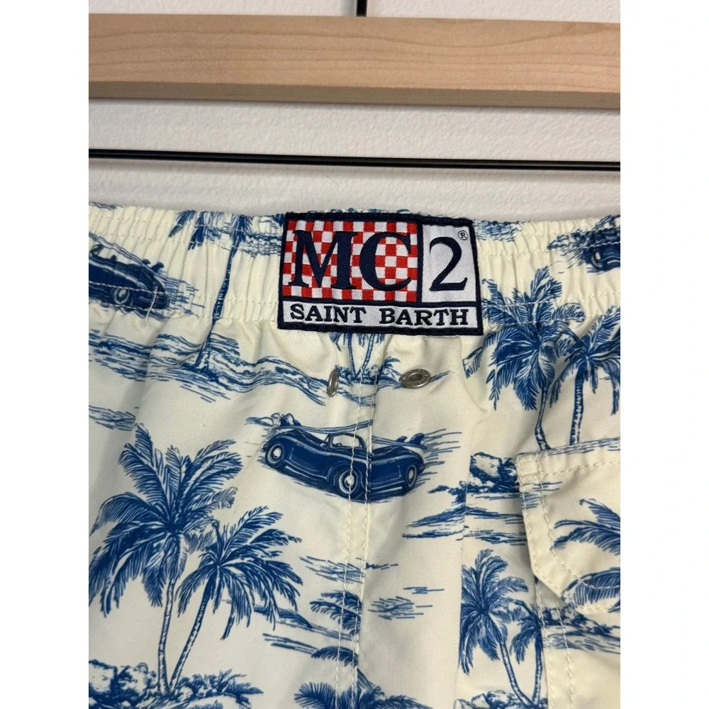 MC2 Saint Barth Men's Swim Trunks Toile De Jouy Vintage Car Palm Tree Blue Large